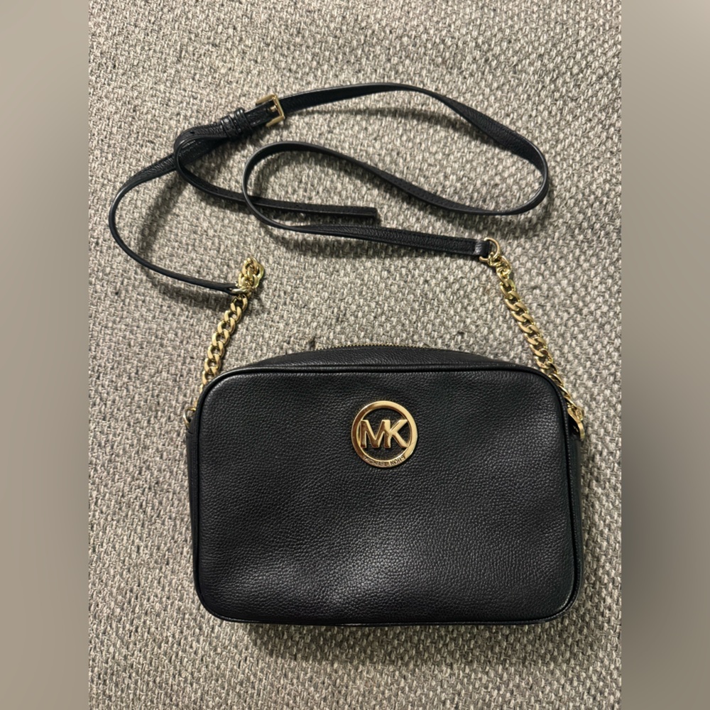 Michael Kors Black Pebbled Leather Crossbody with Gold Chain Accent